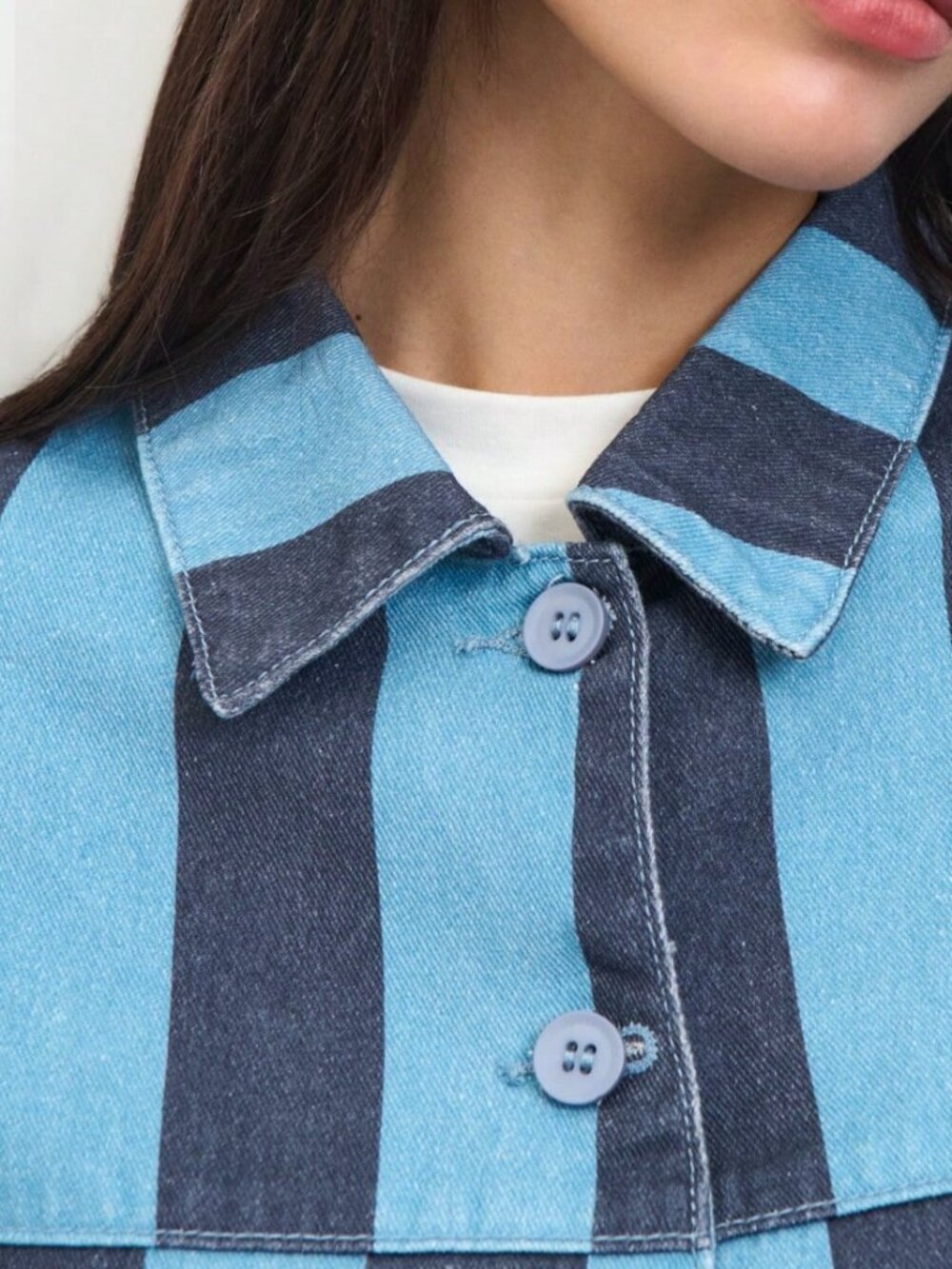 Blue Casual Women's Striped Cropped Jacket with Contrast Patch Pockets - Picture 5 of 8
